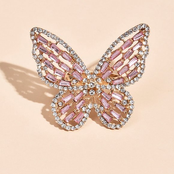 Large Baby Pink Rhinestone Butterfly Ring Adjustable‎ Bling Pretty Gift Luxury - Picture 1 of 2